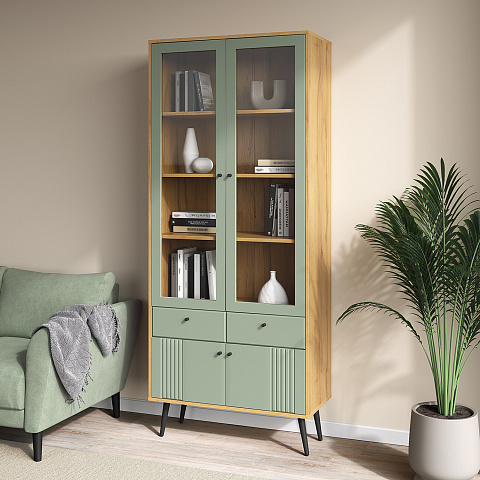 Шкаф с витриной Вега Саксония 84, серо-зеленый. Фото 5