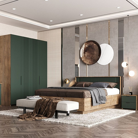 Спальня «Герта» КМК 0979, дуб канзас/зеленый матовый. Фото 1