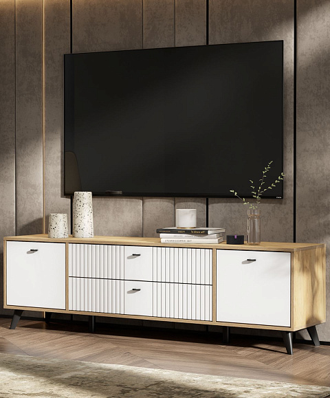 Тумба ТВ «Милан» с ящиками, дуб золотой/белый матовый. Фото 5