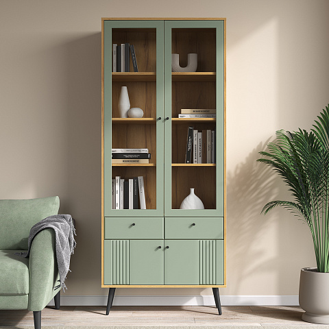 Шкаф с витриной Вега Саксония 84, серо-зеленый. Фото 6